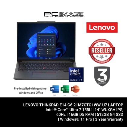 LENOVO THINKPAD E14 G6 21M7CTO1WW-U7/CORE ULTRA 7 155U/16GB D5 (1*EXTRA RAM SLOT)/512GB G4 (EXTRA SLOT)/INTEL/14" WUXGA IPS/W11 PRO/3YW/BACKLIT/BLACK LAPTOP