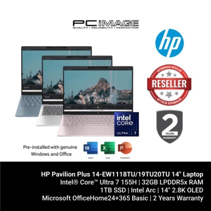 HP Pavilion Plus 14-EW1118TU/19TU20TU 14" Laptop (U7-155H/, 32GB LPDDR5X,1TB SSD, Intel Arc, 14" 2.8K OLED, Win11H, OfficeMS24+365 Basic,2YW)