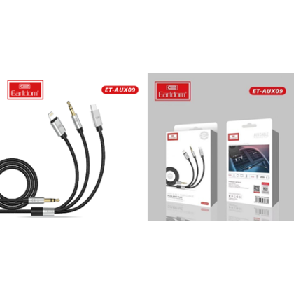 EARLDOM ET-AUX09 3 IN 1 AUX 3.5MM TO LIGHTNING & USB C & 3.5MM CABLE - BLACK SILVER EARLDOM ET-AUX09 3 IN 1 AUX 3.5MM TO LIGHTNING & USB C & 3.5MM CABLE - BLACK SILVER
