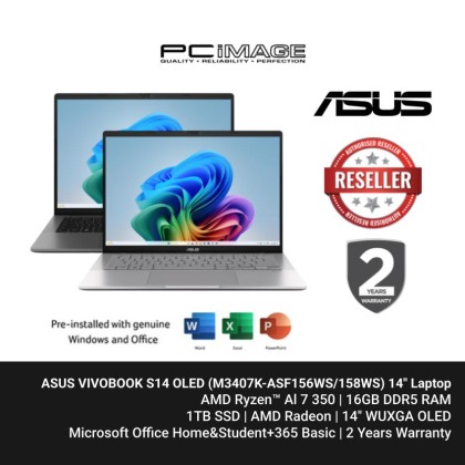 ASUS VIVOBOOK S14 OLED (M3407K-ASF156WS/158WS) AI 7-350, 16GB DDR5, 1TB SSD, Radeon, 14" WUXGA OLED, Win11H, OfficeHNS24+365Basic, 2YW
