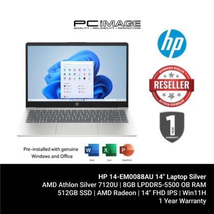 HP 14-EM0088AU 14" Laptop Silver (Athlon7120U, 8GB RAM, 512GB SSD, AMD Radeon, 14" FHD, Win11H, OfficeHome24, 1YW)