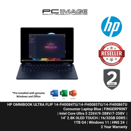 HP OMNIBOOK ULTRA FLIP 14-FH0084TU/14-FH0085TU/14-FH0086TU ULTRA 5-226V/9-288V/7-258V/16/32GB DDR5/1TB G4/14" 2.8K OLED TOUCH/FINGERPRINT/W11H/MS24+BASIC 365/BLUE/2YW+ADP