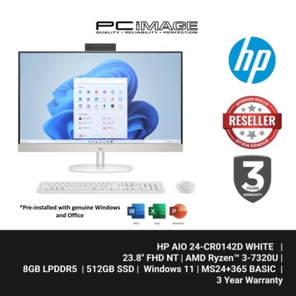 HP AIO 24-CR0142D R3-7320U/8GB LPDDR5/512GB SSD/UMA/23.8" FHD NT/W11H/MS24+365 BASIC/WHITE/3Y3D