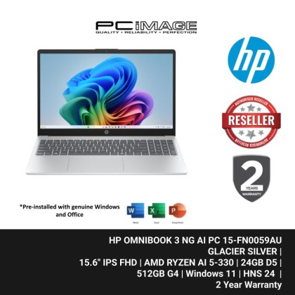 HP OMNIBOOK 3 NG AI PC 15-FN0059AU/AMD RYZEN AI 5-330/24GB D5/512GB G4/ATI/15.6" IPS FHD/W11H/HOME24/2YW/GLACIER SILVER