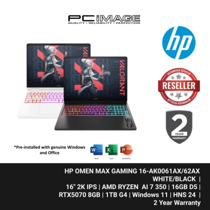 HP OMEN MAX GAMING 16-AK0061AX/62AX/RYZEN AI 7 350/16GB D5/1TB G4/RTX5070 8GB/16" 2K IPS 165HZ/W11H/HOME24/WHITE/BLACK/2YW+ADP