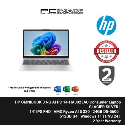 HP OMNIBOOK 3 NG AI PC 14-HA0023AU/RYZEN AI 5 330/24GB D5-5600/512GB G4/ATI/14" IPS FHD/W11H/HOME24/GLACIER SILVER/2YW