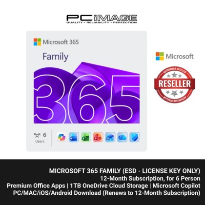 Microsoft 365 Family is a Subscription for 1-6 people that includes Advanced Security, Cloud Storage, and Innovative apps with Microsoft Copilot (ESD - License Key Only) Microsoft 365 Family is a Subscription for 1-6 people that includes Advanced Security, Cloud Storage, and Innovative apps with Microsoft Copilot (ESD - License Key Only)