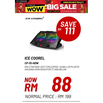 ICE COOREL N10 2 Fan RGB Light Coolerpad (2USB+LCD, Plastic Housing+Iron Mesh, For 17" and Below